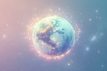 Fototapeta premium A vibrant, pastel-colored Earth glows with city lights, surrounded by sparkling particles in space.