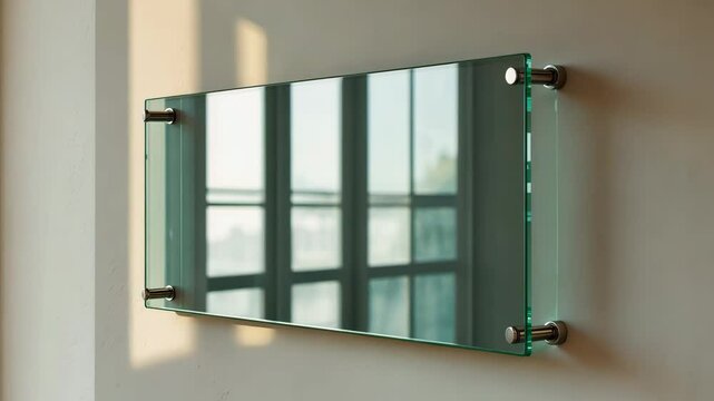 Broad rectangular glass nameplate on spacer stands. Clear printing panel for branding. Promotional sign shown on a white background mock-up side view.