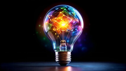 Creative light bulb explodes with colorful paint and splashes on a black background, 