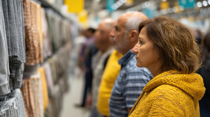 A group of adults, including a middle-aged woman with brown hair wearing a yellow sweater, examines home textiles in a store, showcasing their focused expressions