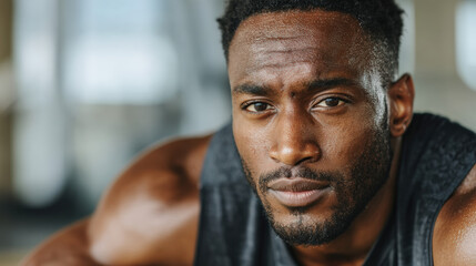 A focused young black man with a strong physique looks directly at the camera, showing determination and intensity after an intense workout session