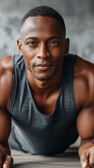 A fit black man in his 30s is doing a plank exercise on a smooth surface, showcasing strength and focus with a determined expression on his face