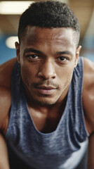A focused young Black man in a sleeveless shirt is looking directly at the camera with an intense expression, showcasing determination and strength in an athletic setting