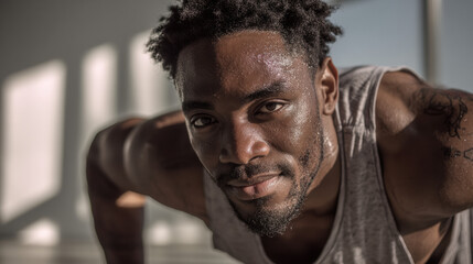 A fit black man in his 30s performs a push-up indoors, showcasing determination and focus, with beads of sweat on his forehead in a well-lit setting