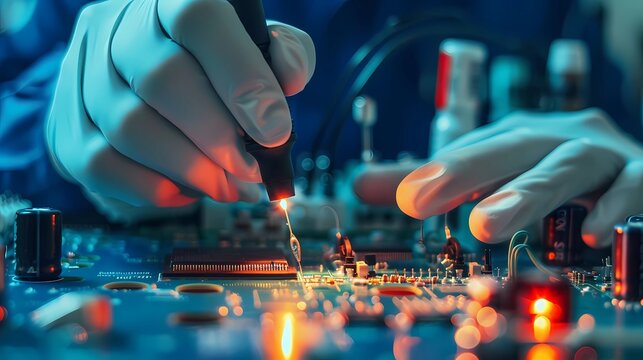 Close up a debugging electronics device, PCB witch microcontroller in electronics laboratory, Generative AI illustrations
