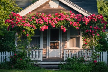 Fototapeta premium A charming rustic house adorned with vibrant pink climbing roses, creating a picturesque summer scene.