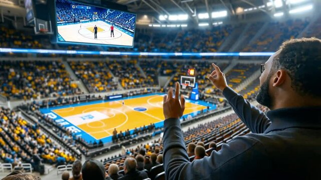 Intense Basketball Game Atmosphere: A spectator's passionate embrace of the sport is captured in a vibrant photograph. The image showcases a packed basketball arena.