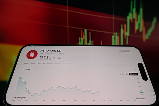 Kiel, SH, Germany, 10 Apr 2025: Hypoport SE stock chart displayed on a smartphone, highlighting market trends against a backdrop of dynamic financial data