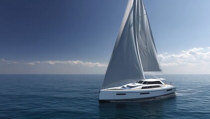 Fototapeta premium A luxurious white sailboat glides under clear blue skies on calm ocean waters.