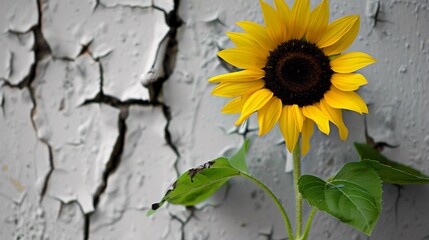 Close up of a golden sunflower in selective color growing against a cracked grayscale concrete wall bathed in golden hour light