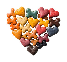 Dog treats heart-shaped display colorful snacks isolated on transparent background, png