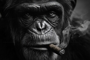 Fototapeta premium Black and white chimpanzee with cigar, moody