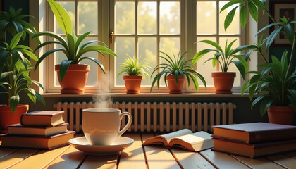 Cozy morning with steaming mug and antique books in sunroom, weekend relaxation