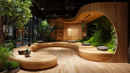 Tranquil neuroarchitectural lounge with curving wooden walls and zen features promotes cognitive health