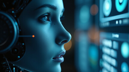 Artificial intelligence, ai futuristic digital technology, robot or android face close-up, digital smart future world concept