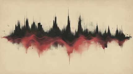 Abstract city skyline, crimson waves