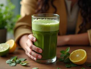 Woman drink healthy green smoothie made with fresh ingredients. Vegan and nutritious breakfast concept