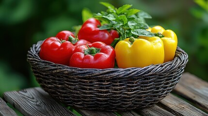Vibrant Red and Yellow Bell Peppers in Rustic Basket