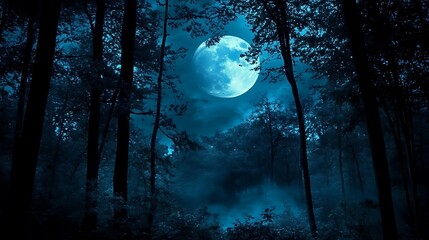 Enchanting full moon illuminating a dark, misty forest with silhouetted trees.