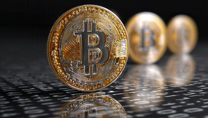 Gold Bitcoin coin on binary code reflecting digital currency theme.
