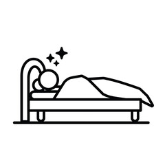 Bed icon with person sleeping peacefully under blankets  