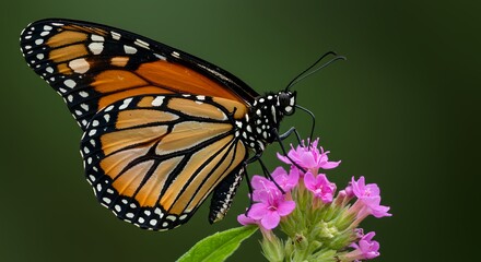 Obraz premium Close-up of a Monarch butterfly feeding on vibrant pink flowers against a dark background.