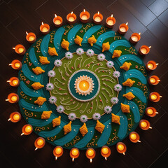 Colorful rangoli pattern with lit clay oil lamps on the floor, festive decor for Diwali, bright and vibrant top view