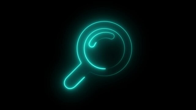 Outline neon search icon on black background. Glowing neon magnifying Glass Icon animation. owing neon checkmark icon on search icon animation with black background. neon search icon animation concept