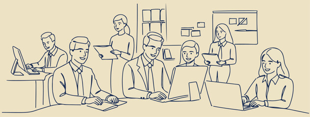 Several people working in an office. Line drawing illustration