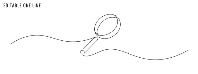 One continuous line drawing of a magnifying glass, lens, loupe. Researching concept. Editable stroke, vector illustration