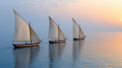 Fototapeta premium Three Dhows Sailing at Sunset: A Serene Arabian Sea Scene