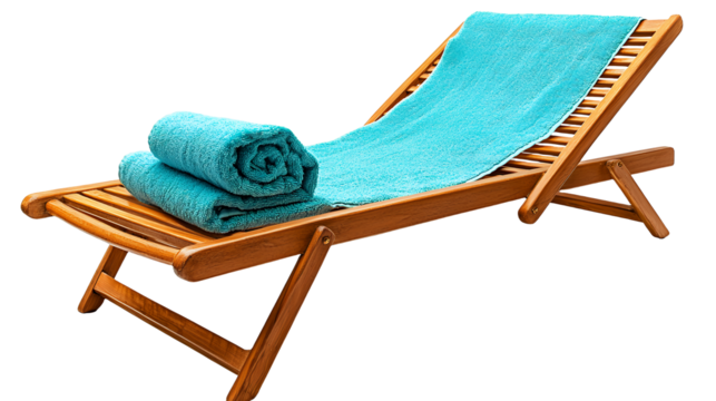 a folded blue towel wooden chair on a transparent background, PNG image, PNG file, Generative art.