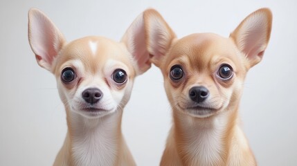 Obraz premium Two adorable Chihuahua dogs facing forward. Close-up portrait of two small, light-brown dogs with large, expressive eyes. Friendly, playful, and charming