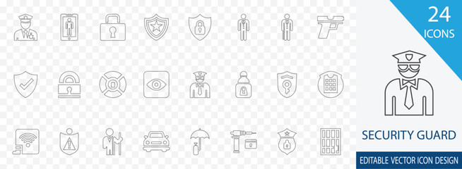 Fototapeta premium Security Guard editable line icon set. containing officer, isolated, professional, uniform, Protection, Safety, Patrol and more thin icon collection 
