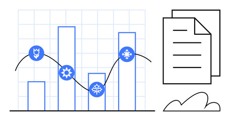Bar chart with seasonal icons on data points, line graph overlay, grid background, documents, and cloud. Ideal for analytics, reporting, data trends, weather business planning infographics flat