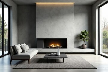 Minimalist gray living room with concrete walls, sleek fireplace, and industrial accents, industrial, decor