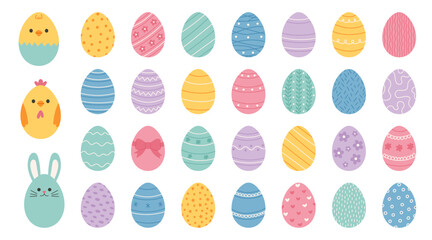 Set of cute colorful decorated Easter eggs with patterns in flat hand drawn style. Easter bunny and chick character eggs. © Stacy Draw