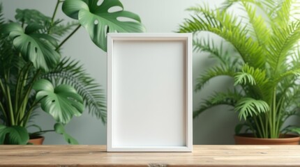 Minimalist White Frame Mockup in Bright Indoor Plant Setting