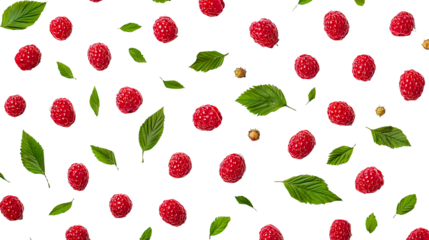 a seamless pattern with red berries of raspberries on a transparent background, PNG image, PNG file, Generative art.