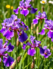 Busy bees gather nectar from vibrant purple irises blooming in a lush green meadow, photography, insect, wildlife