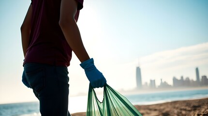 Young man helps collect trash on the beach