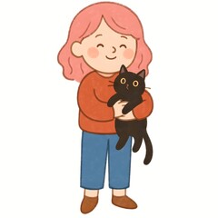 A cute digital illustration of a smiling girl with pink hair wearing a red sweater and blue pants, lovingly holding a black cat. Full body on a pure white background. Cozy and heartwarming.