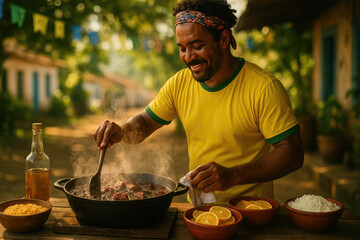 Authentic Brazilian Cuisine. Experience the rustic and flavorful dishes of a Brazilian chef cooking traditional food, including feijoada. Gastronomy and culinary concept. 
