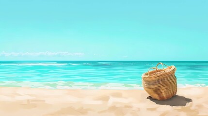 A straw bag on Sandy Beach, Bright color, Generative AI illustrations.