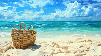 A straw bag on Sandy Beach, Bright color, Generative AI illustrations.