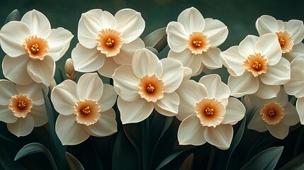 Fototapeta premium A close-up view of bright white and orange daffodils blooming in a spring garden environment for.
