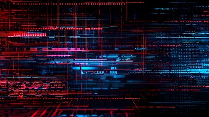 A fading lines of coding numbers, analog synth visuals, glitch art, VHS Distortion, blue and red neon line art, Generative AI illustrations.
