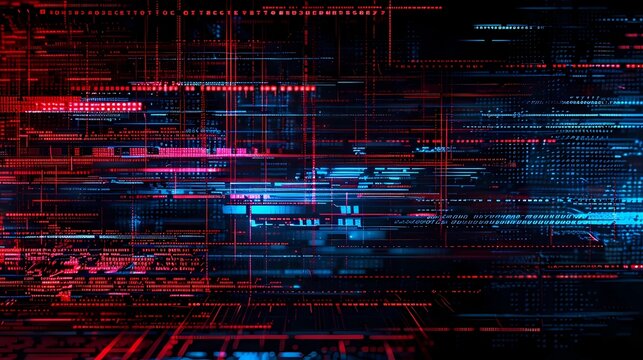 A fading lines of coding numbers, analog synth visuals, glitch art, VHS Distortion, blue and red neon line art, Generative AI illustrations.
