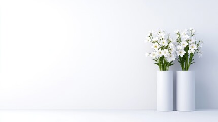White Flowers in Vases Minimalist Modern Style Clean Bright Lighting Horizontal Simple Arrangement Peaceful Serenity Home Decor Bright White Tones Ideal for website banners