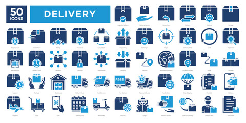 Delivery icons collection set, including logistics, tracking, shipping, courier services, and packaging. Perfect for e-commerce, delivery apps, infographics, and business materials.